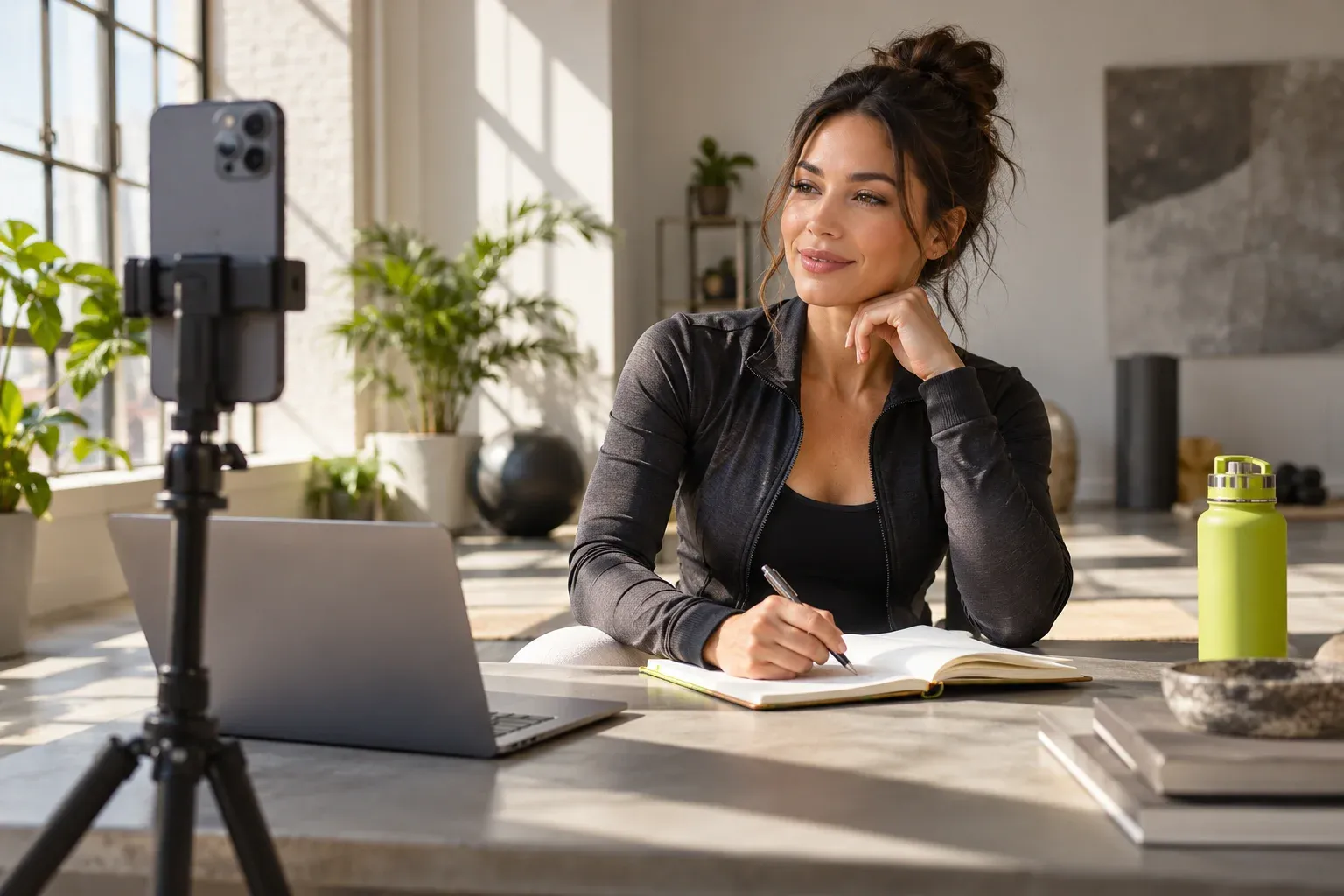 A creator recording vertical content while planning her business in a daylight studio