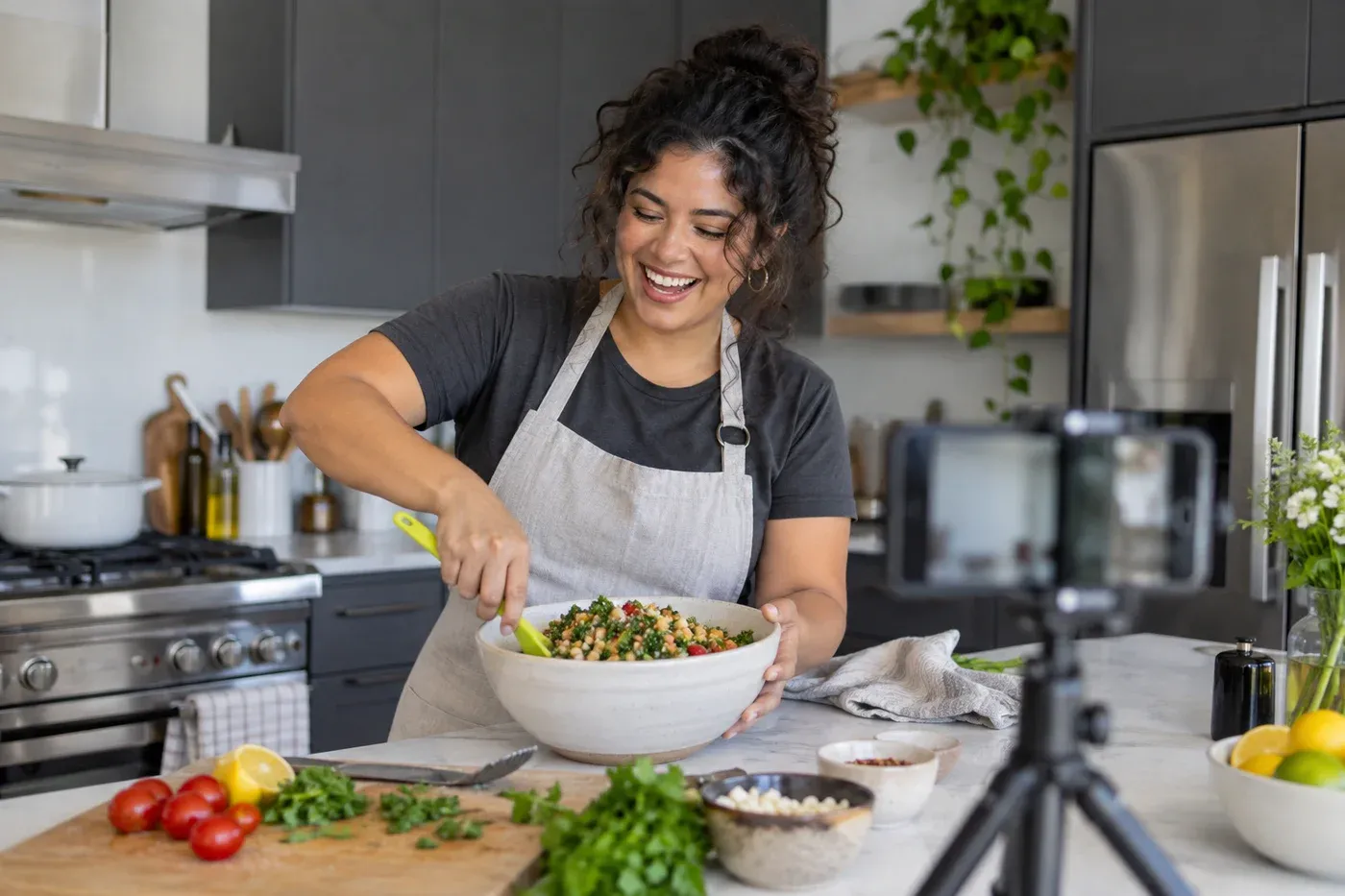 A food creator filming a cheerful cooking tutorial in a bright kitchen