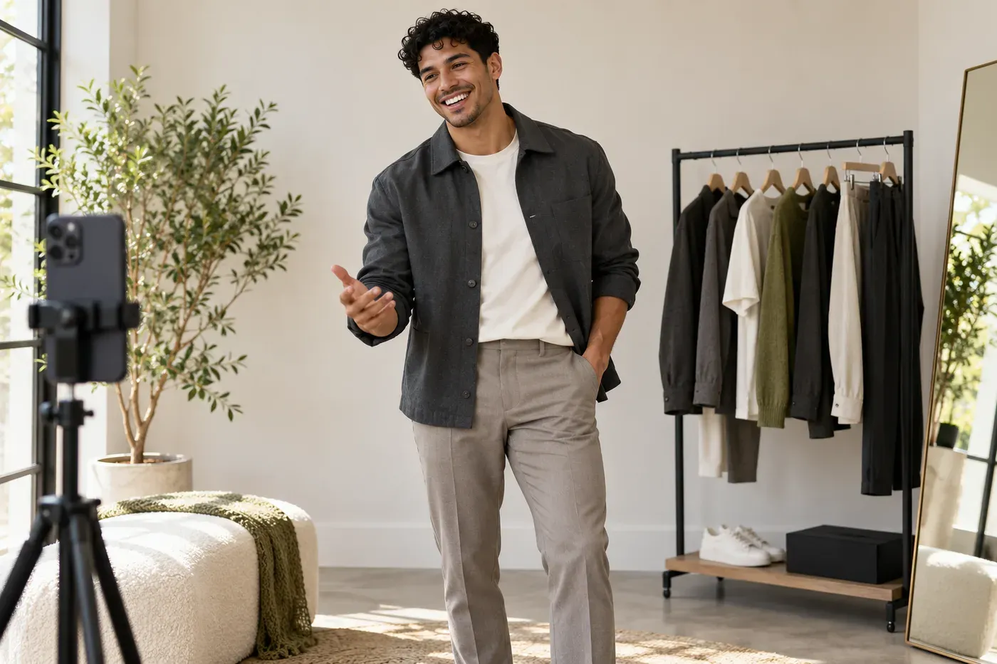 An athletic male fashion creator recording a clothing try-on reel in a daylight studio