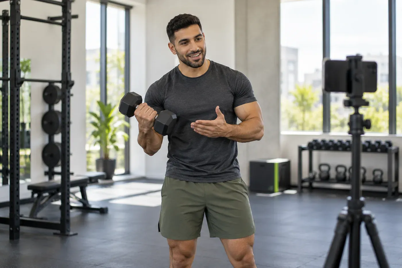 A male fitness creator demonstrating a dumbbell movement for his smartphone camera