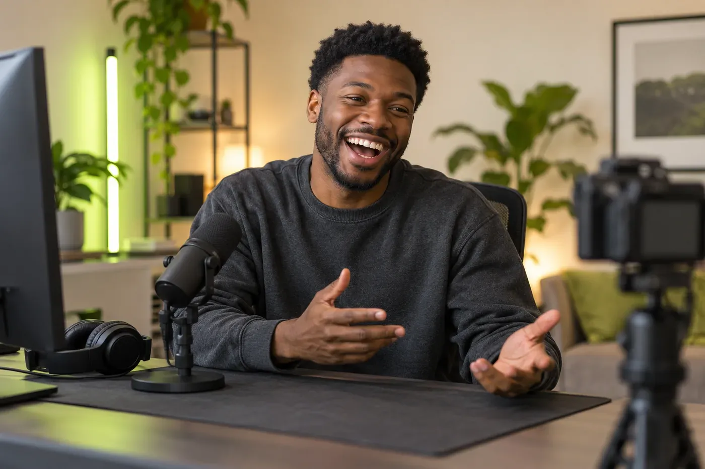 A male video streamer laughing while recording a story in his home studio